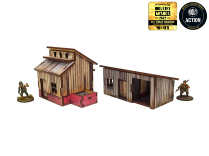 Normandy Small Sheds w. Dovecote – gołębnik z otwartymi drzwiami i szopa z otwartym wejściem, żołnierze WWII po bokach, 28mm Bolt Action
