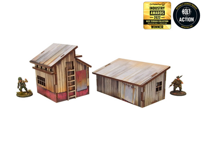 Normandy Small Sheds w. Dovecote – gołębnik z drabiną i szopa z zamkniętymi drzwiami, widok boczny z żołnierzami WWII, 28mm Bolt Action
