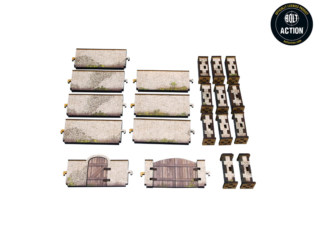 Normandy Stone Wall w. Gate High – wszystkie elementy zestawu rozłożone: sekcje murów, słupki, furtka i brama dwuskrzydłowa, 28mm Bolt Action
