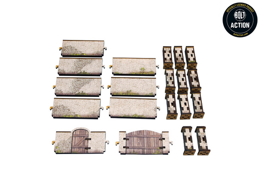 Normandy Stone Wall w. Gate High – wszystkie elementy zestawu rozłożone: sekcje murów, słupki, furtka i brama dwuskrzydłowa, 28mm Bolt Action
