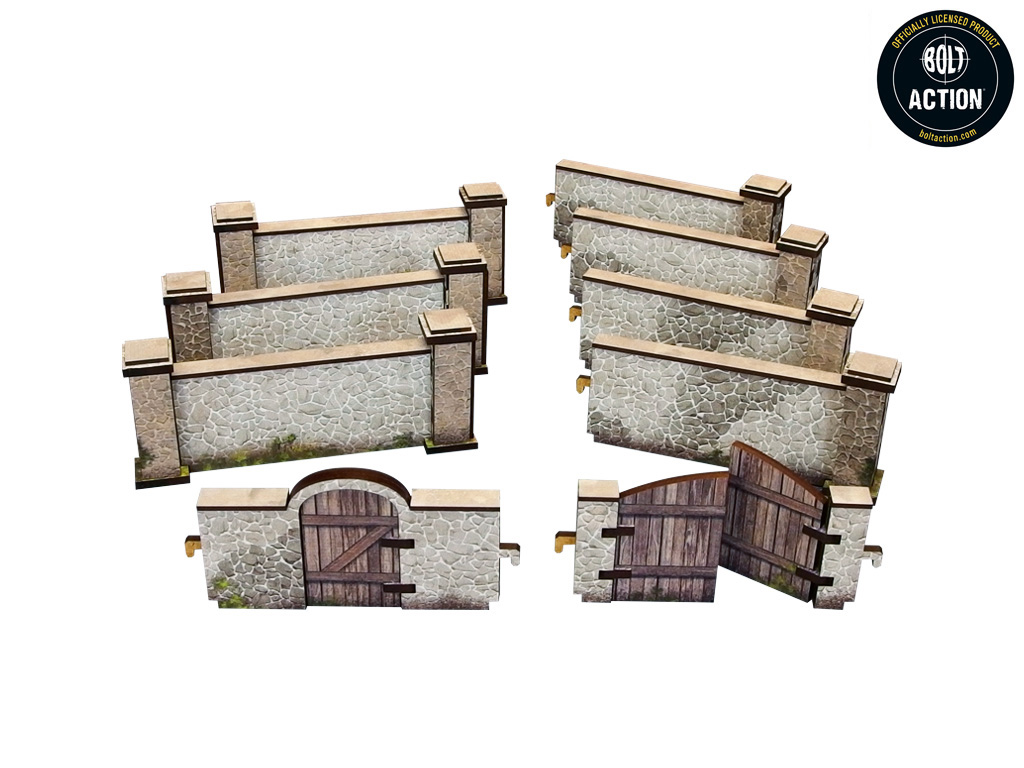 Normandy Stone Wall w. Gate High – sekcje murów i brama złożone w grupach, widok izometryczny, 28mm Bolt Action
