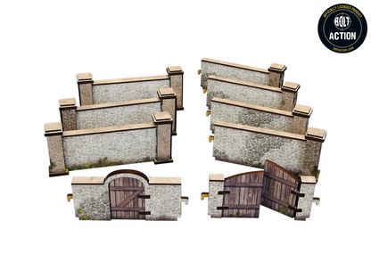 Normandy Stone Wall w. Gate High – sekcje murów i brama złożone w grupach, widok izometryczny, 28mm Bolt Action
