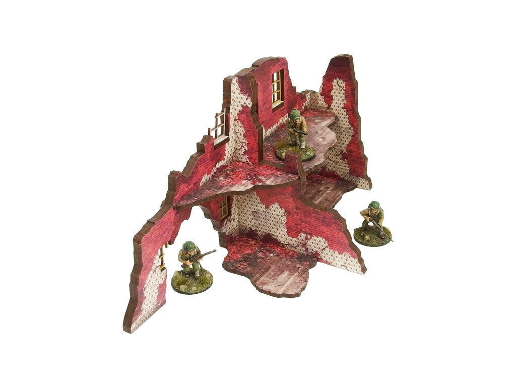 Normandy Ruined Large House 2 – narożna sekcja 2-poziomowa z tapetowanymi ścianami i żołnierzami WWII na obu kondygnacjach, 28mm Bolt Action
