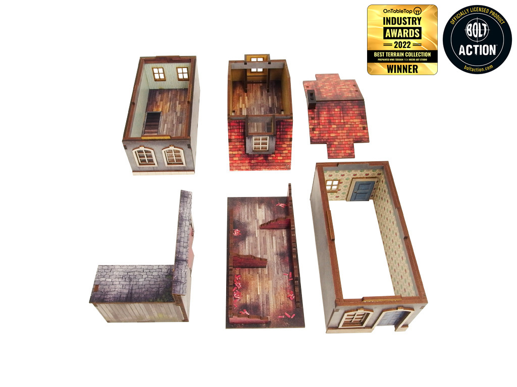 Normandy Townhouse 1 – wszystkie elementy zestawu rozłożone: 3 kondygnacje, dach, zrujnowany parter, szopa i ściana z bramą, 28mm Bolt Action
