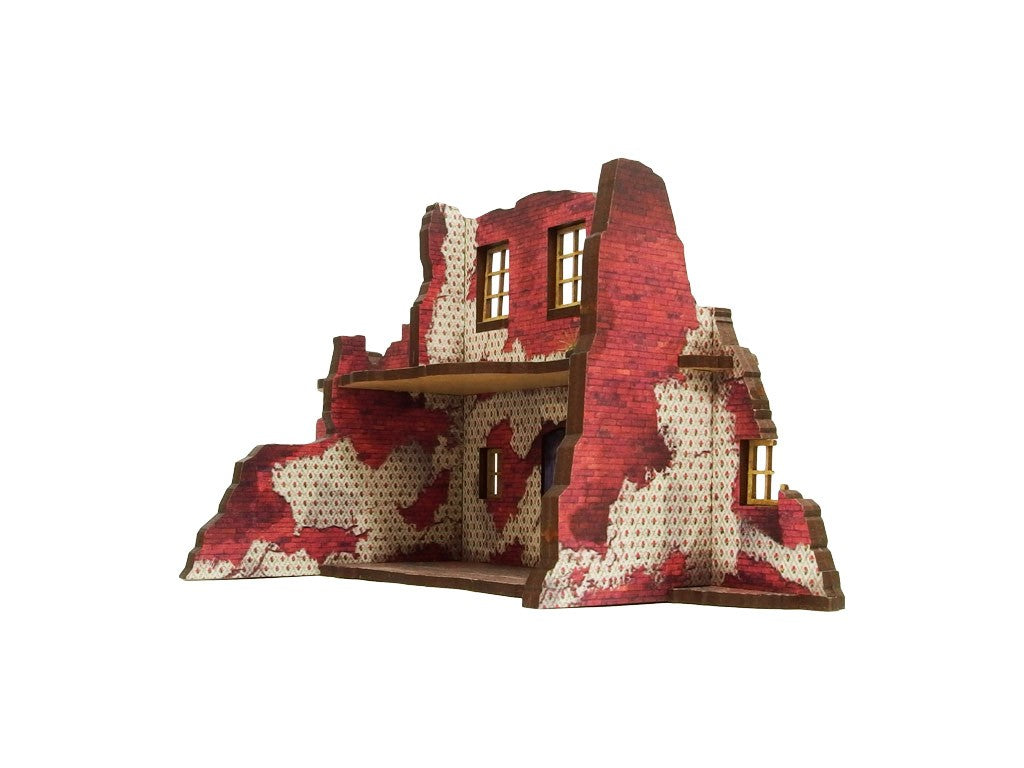 Normandy Ruined Large House 2 – widok izometryczny z tyłu na ruiny z tapetowanymi ścianami i drewnianą podłogą piętra, 28mm Bolt Action
