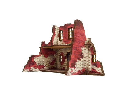 Normandy Ruined Large House 2 – widok izometryczny z tyłu na ruiny z tapetowanymi ścianami i drewnianą podłogą piętra, 28mm Bolt Action
