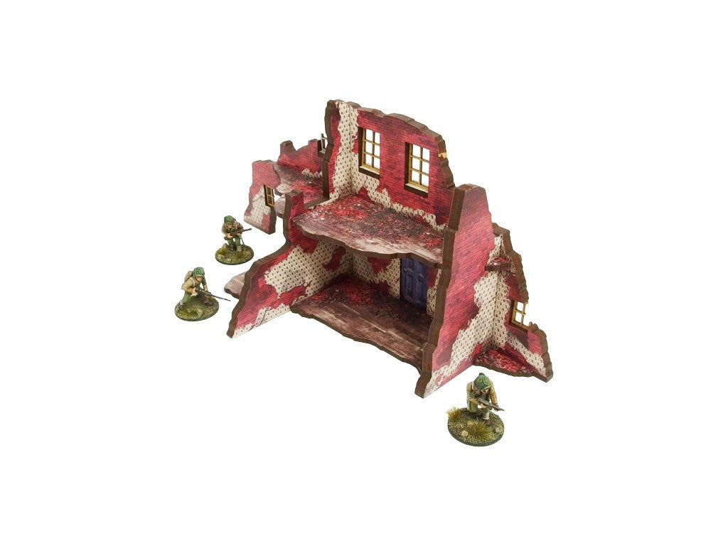 Normandy Ruined Large House 2 – narożna sekcja 2-poziomowa z tapetowanymi ścianami i balkonem, widok izometryczny, 28mm Bolt Action
