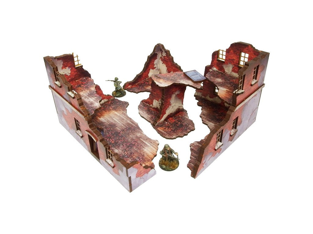 Normandy Ruined Large House 1 – złożone ruiny w układzie otwartym z żołnierzami WWII w środku i na ścianach, widok izometryczny, 28mm Bolt Action
