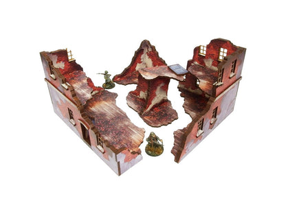 Normandy Ruined Large House 1 – złożone ruiny w układzie otwartym z żołnierzami WWII w środku i na ścianach, widok izometryczny, 28mm Bolt Action
