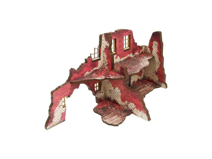Normandy Ruined Large House 2 – widok izometryczny z tyłu na 2-poziomowe ruiny z tapetowanymi ścianami i drewnianą podłogą piętra, 28mm Bolt Action
