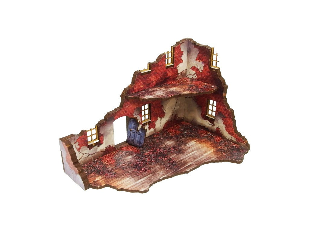 Normandy Ruined Large House 1 – sekcja z niebieskimi drzwiami i drewnianą podłogą parteru, widok izometryczny, 28mm Bolt Action
