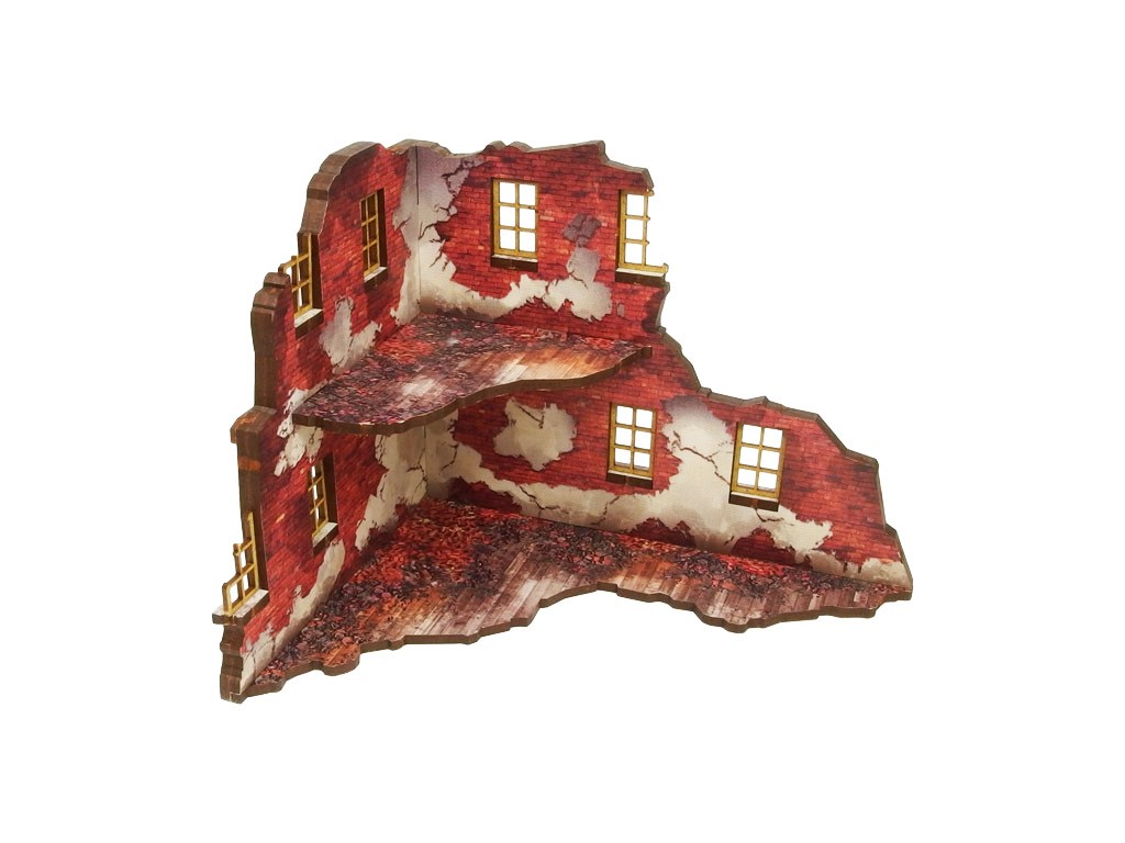 Normandy Ruined Large House 1 – narożna sekcja 2-poziomowa z czerwoną cegłą i drewnianą podłogą piętra, widok izometryczny, 28mm Bolt Action

