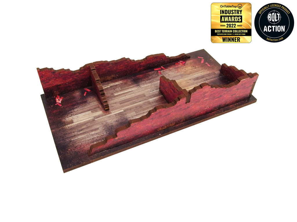 Normandy Townhouse 1 – zdejmowalny zrujnowany parter jako osobny element, wypalone ściany i drewniana podłoga, 28mm Bolt Action
