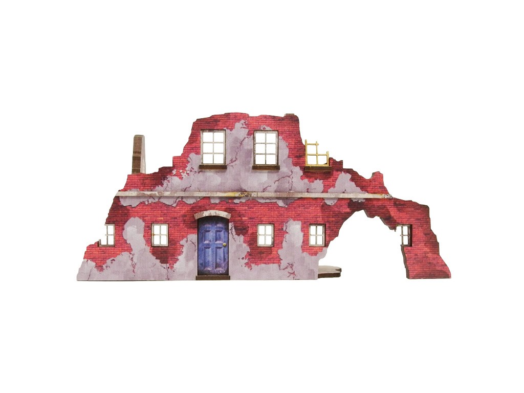 Normandy Ruined Large House 2 – widok frontowy bez figurek, niebieskie drzwi, 6 okien i łukowe przejście w prawej ścianie, 28mm Bolt Action
