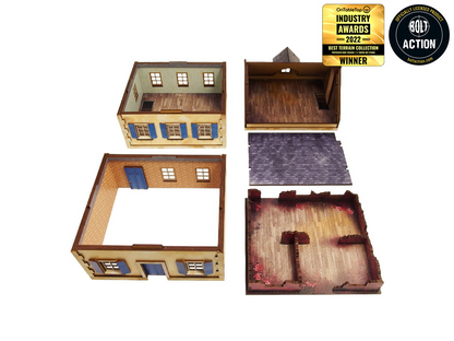 Normandy Townhouse 3 – wszystkie elementy zestawu rozłożone: parter, 2 piętra, dach, zrujnowany parter i fioletowa dachówka, 28mm Bolt Action
