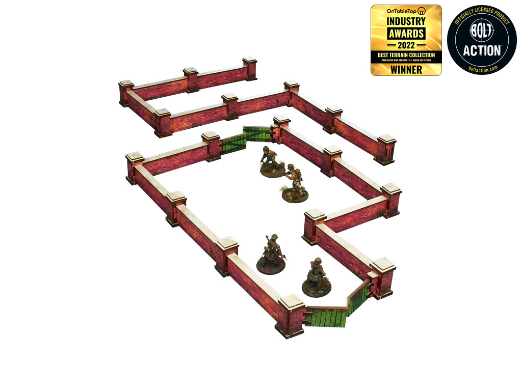 Normandy Wall w. Gate Low – widok izometryczny na mury z żołnierzami WWII w środku i bramą, skala 28mm Bolt Action
