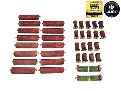 Normandy Wall w. Gate Low – wszystkie elementy zestawu rozłożone: sekcje murów, słupki, bramy i furtki, 28mm Bolt Action
