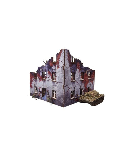 Ostfront Stalingrad Apartment Block Front – widok z przodu na 3 poziomy ruin z czołgiem Sherman i żołnierzami, 28mm Bolt Action
