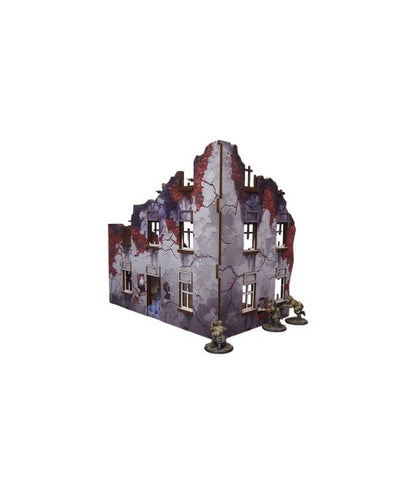 Ostfront Stalingrad Apartment Block Front – widok izometryczny na narożnik ruin z żołnierzami po bokach, 28mm Bolt Action
