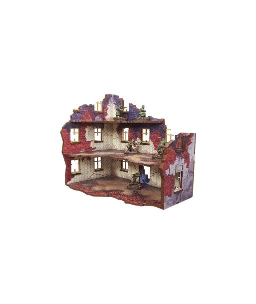 Ostfront Stalingrad Apartment Block Front – widok z tyłu na otwarte wnętrze 3 kondygnacji z żołnierzami, 28mm Bolt Action

