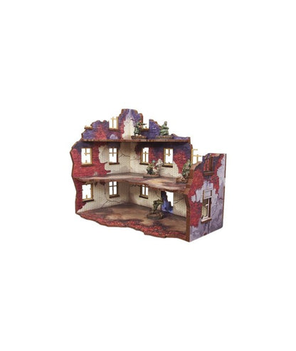 Ostfront Stalingrad Apartment Block Front – widok z tyłu na otwarte wnętrze 3 kondygnacji z żołnierzami, 28mm Bolt Action
