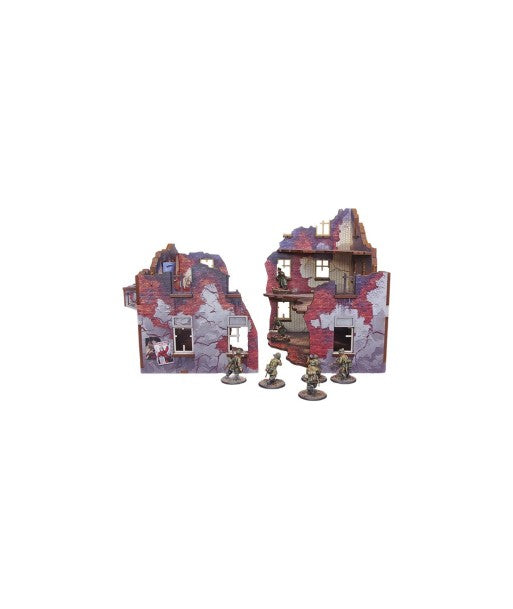Ostfront Stalingrad Apartment Block Front i Back – oba moduły obok siebie z żołnierzami, widok porównawczy, 28mm Bolt Action
