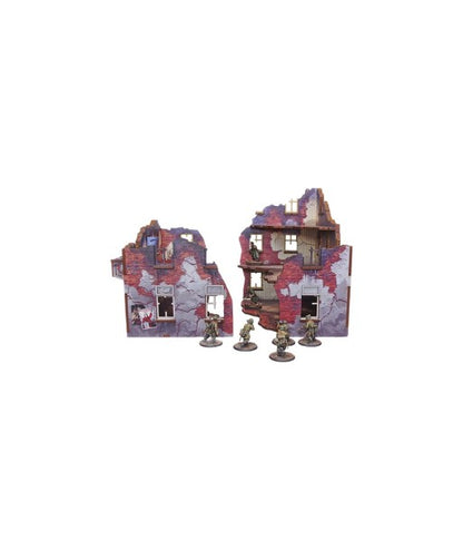 Ostfront Stalingrad Apartment Block Front i Back – oba moduły obok siebie z żołnierzami, widok porównawczy, 28mm Bolt Action
