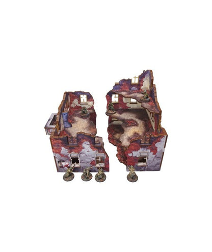 Ostfront Stalingrad Apartment Block Front i Back – oba moduły złożone razem z żołnierzami, widok z boku, 28mm Bolt Action
