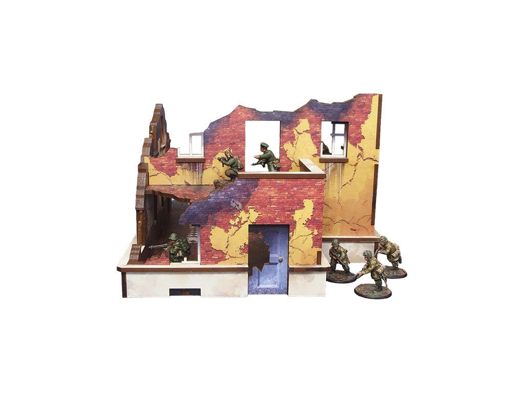 Ostfront Stalingrad School Left – widok boczny na 2 kondygnacje z balkonem i żołnierzami, 28mm Bolt Action
