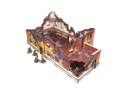 Ostfront Stalingrad School Left i Right – oba moduły złożone razem, widok izometryczny z żołnierzami po bokach, 28mm Bolt Action

