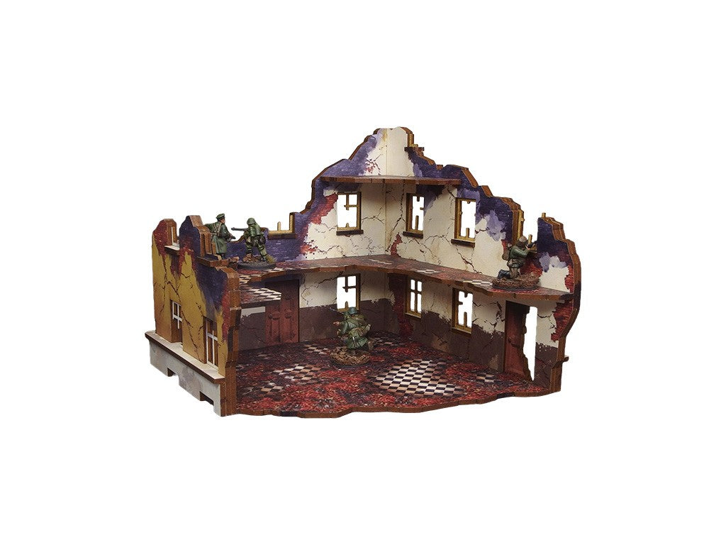 Ostfront Stalingrad School Right – widok z tyłu na otwarte wnętrze 2 kondygnacji z żołnierzami na piętrze i parterze, 28mm Bolt Action
