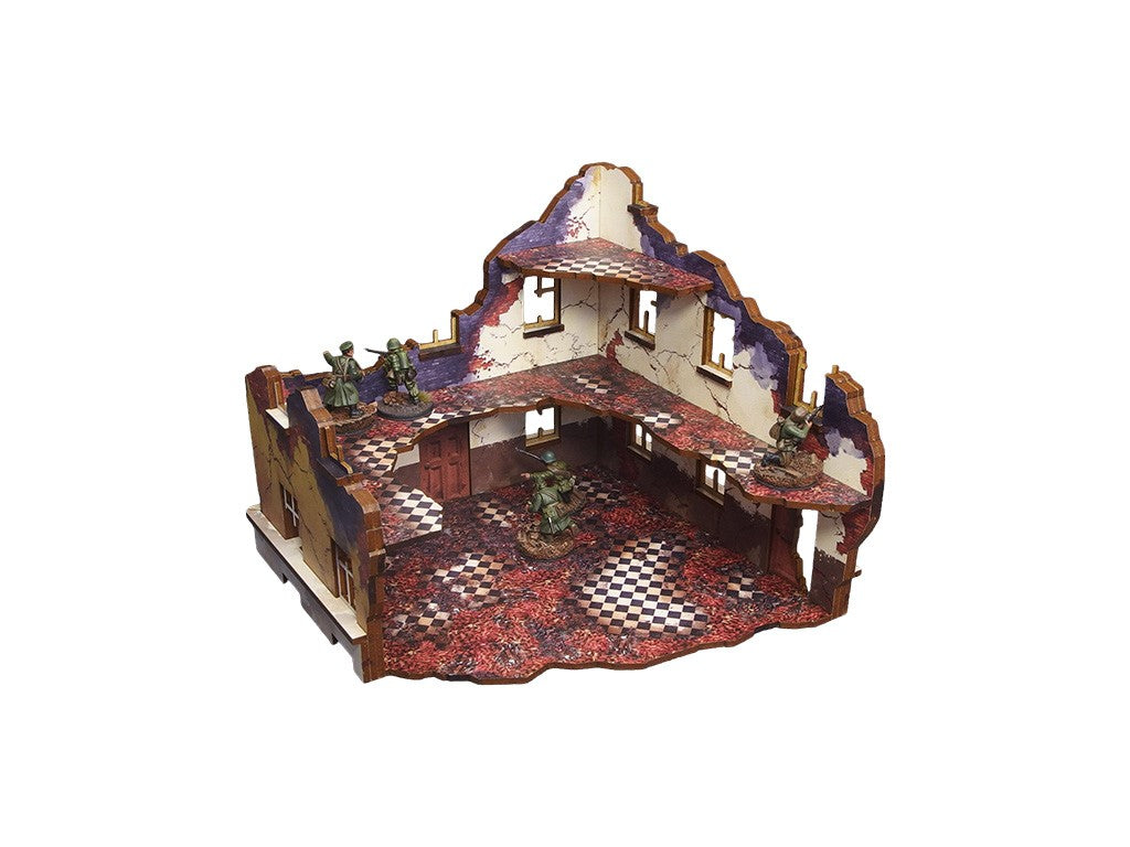 Ostfront Stalingrad School Right – widok z tyłu na otwarte wnętrze 2 kondygnacji z żołnierzami na piętrze i parterze, 28mm Bolt Action
