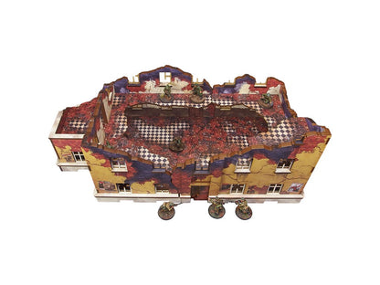 Ostfront Stalingrad School Right i Left – oba moduły złożone razem, widok z góry na 2 kondygnacje z żołnierzami, 28mm Bolt Action
