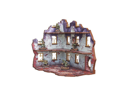 Ostfront Stalingrad Univermag Left – widok z boku na 2 kondygnacje z żołnierzami i karabinem maszynowym, 28mm Bolt Action
