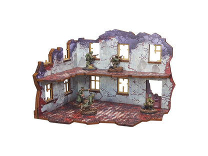 Ostfront Stalingrad Univermag Right – widok z przodu na 2 kondygnacje z oknami i żołnierzami na piętrze i parterze, 28mm Bolt Action
