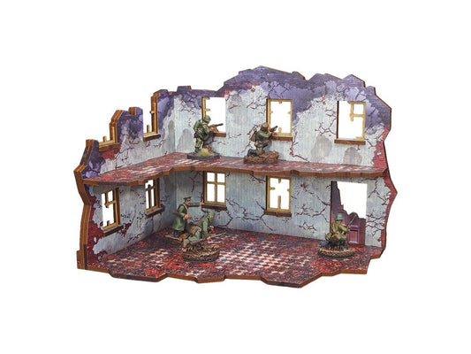 Ostfront Stalingrad Univermag Right – widok z przodu na 2 kondygnacje z oknami i żołnierzami na piętrze i parterze, 28mm Bolt Action
