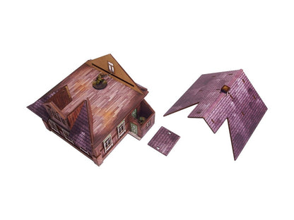 Ostfront Village Forester's Dacha – budynek z częściowo zdjętym dachem i żołnierzem na dachu, widok elementów dachu obok, 28mm Bolt Action
