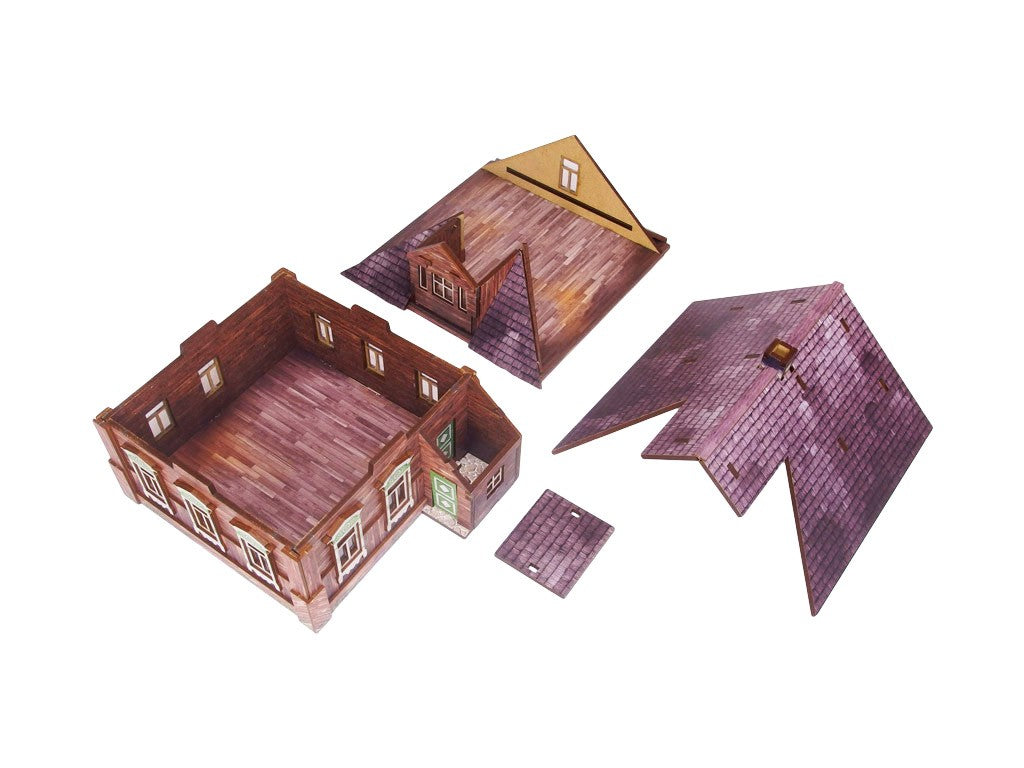 Ostfront Village Forester's Dacha – widok rozłożonych elementów dachu obok otwartego budynku z wnętrzem, 28mm Bolt Action Micro Art Studio
