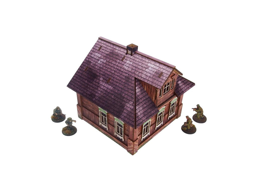 Ostfront Village Forester's Dacha – widok izometryczny na narożnik z czterema oknami i kominem, żołnierze po bokach, 28mm Bolt Action
