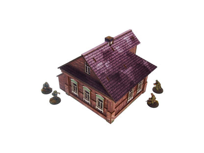 Ostfront Village Forester's Dacha – widok izometryczny na długą ścianę z czterema oknami i kominem, żołnierze po bokach, 28mm Bolt Action
