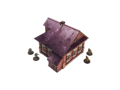 Ostfront Village Forester's Dacha – widok izometryczny na narożnik z pięcioma oknami i kominem, żołnierze po bokach, 28mm Bolt Action
