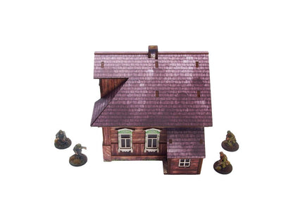 Ostfront Village Forester's Dacha – widok z przodu na dwa okna i przybudówkę z dachem, żołnierze po bokach, 28mm Bolt Action
