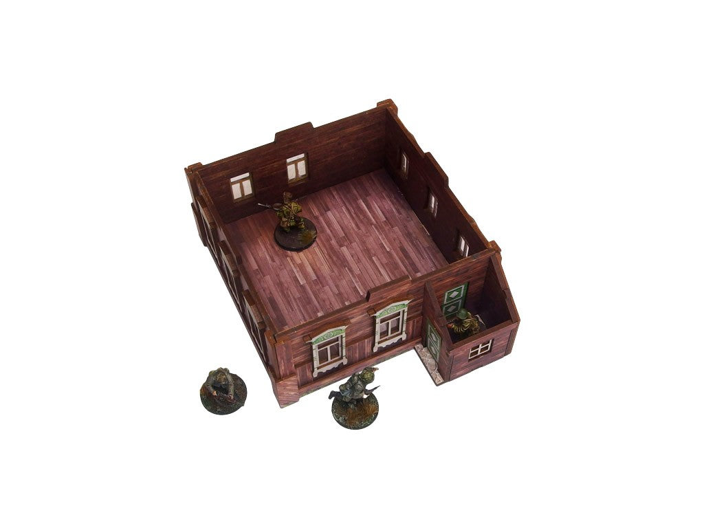 Ostfront Village Forester's Dacha – widok z góry na wnętrze bez dachu z żołnierzami w środku, 28mm Bolt Action Micro Art Studio
