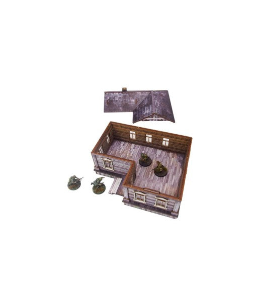 Ostfront Village Iwan's House – widok izometryczny na otwarty budynek z żołnierzami w środku i zdejmowanym dachem obok, 28mm Bolt Action
