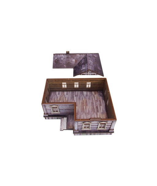 Ostfront Village Iwan's House – widok z góry na wnętrze w kształcie L z żołnierzami i zdejmowanym dachem obok, 28mm Bolt Action
