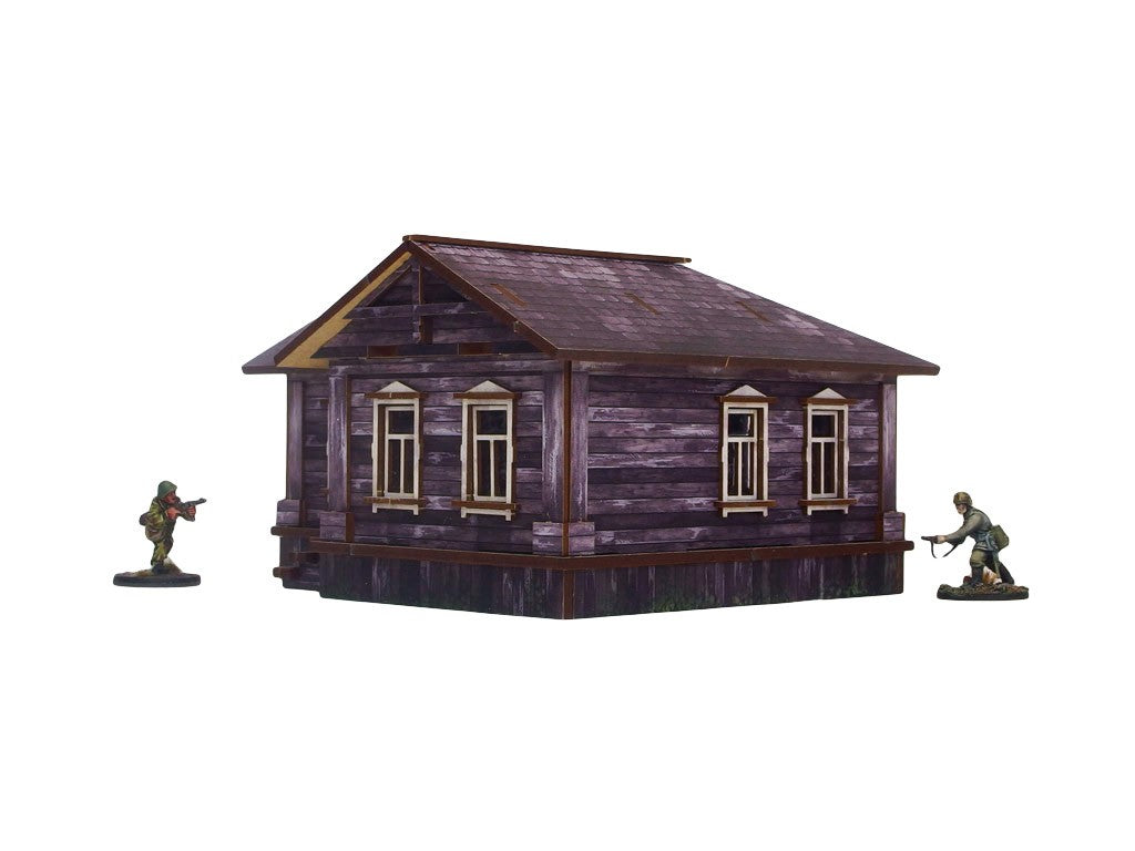 Ostfront Village Maria's House – widok z przodu na długą ścianę z oknami i kominem, 28mm Bolt Action
