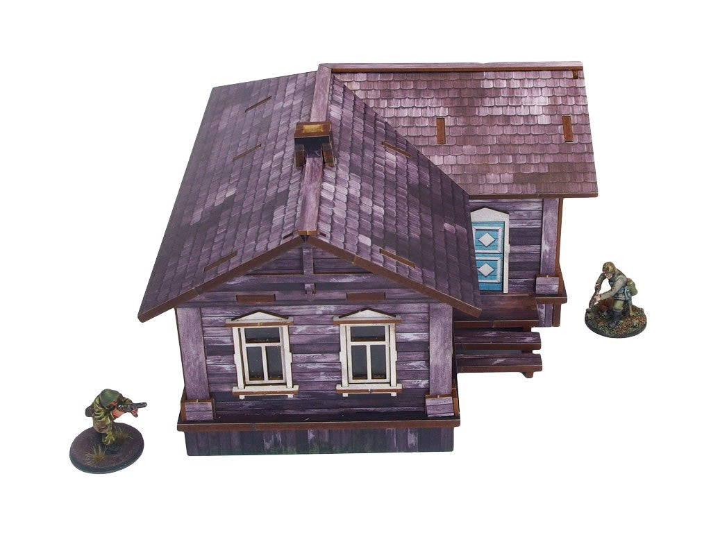 Ostfront Village Maria's House – widok narożnika z turkusowymi drzwiami i schodami, żołnierze po bokach, 28mm Bolt Action
