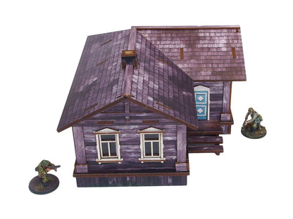 Ostfront Village Maria's House – widok narożnika z turkusowymi drzwiami i schodami, żołnierze po bokach, 28mm Bolt Action
