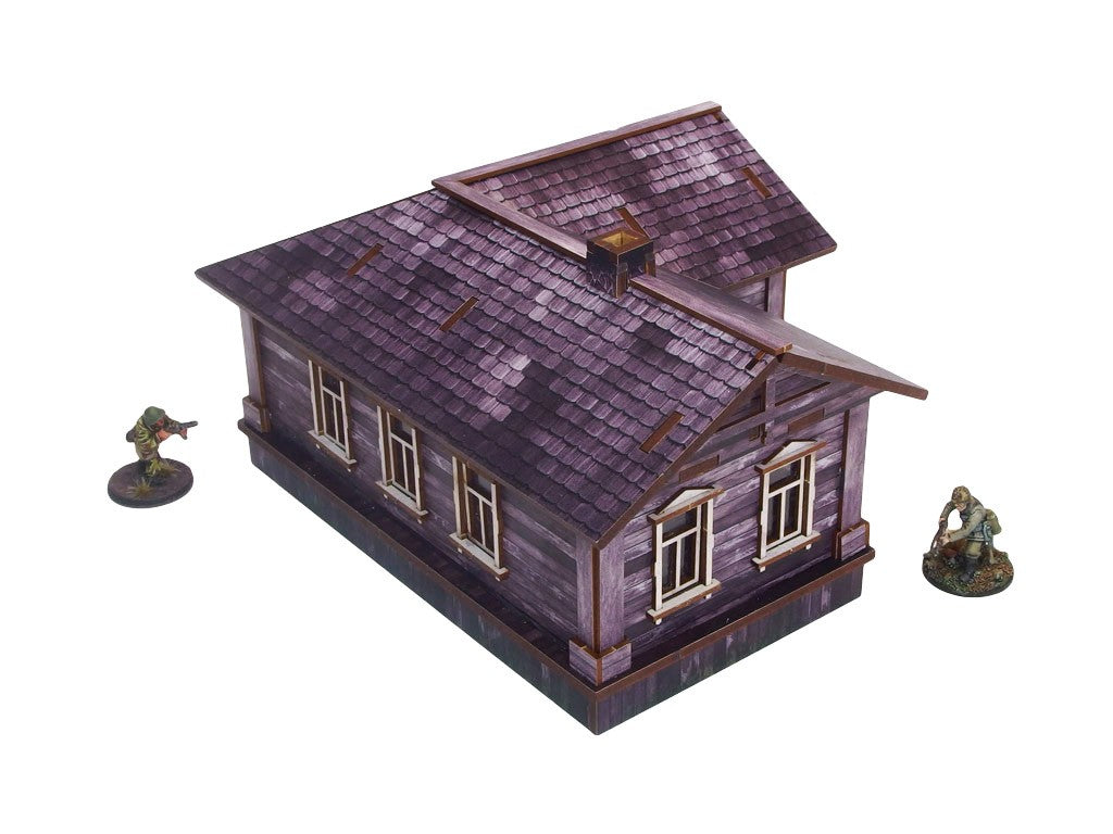 Ostfront Village Maria's House – widok izometryczny na długą ścianę z pięcioma oknami i dachem z lukarnią, 28mm Bolt Action
