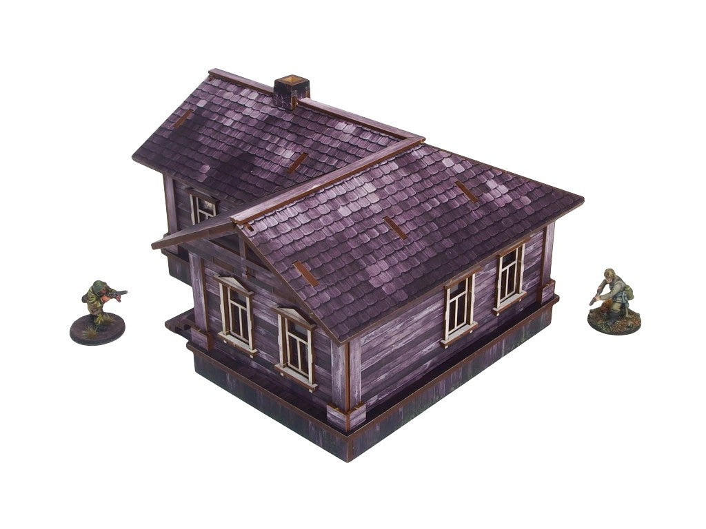 Ostfront Village Maria's House – widok izometryczny na dach z kominem i trzy okna, żołnierze po bokach, 28mm Bolt Action
